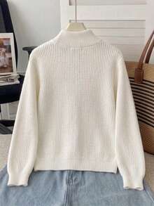 Girls' Casual Solid Color High Neck Pocket Knitted Cardigan Sweater Jacket, Long Sleeve, Suitable For Vacation, Leisure, Spring, Autumn, Winter - Apricot - View 4