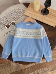 Sweater Rajut Lengan Panjang Motif Kotak-kotak Jacquard Warna Blok untuk Anak Laki-laki, Kerah Bulat, Musim Gugur dan Musim Dingin - Biru - View 3