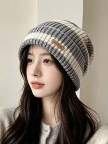 Women's Knitted Beanie Hat, Autumn/Winter, Versatile, Drawstring, Pullover, Slouchy, Ear-Protective, Japanese Style, Large Head Circumference - Multiple Styles - View 5