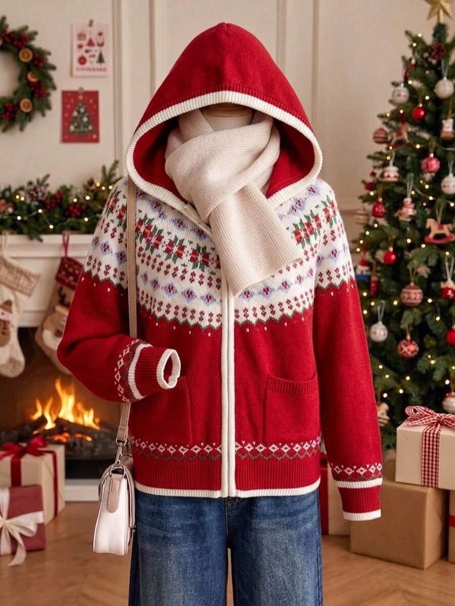 Girls' Christmas Fair Isle Pattern Hooded Cardigan Sweater With Pockets, Long Sleeve, Preppy Style, Suitable For Daily Wear, School, Outings, Spring, Autumn, Winter - Red - View 1