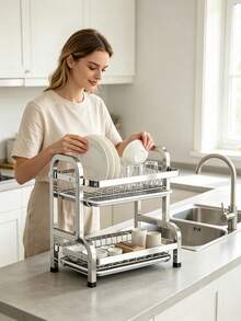 Double‑Layer Stainless‑Steel Dish Rack, Layered Large‑Capacity Storage, Built‑In Water Drip Tray, Water‑Draining And Ventilated Design, Stable Anti‑Slip Foot Pads, Making Full Use Of Kitchen Countertop Space - Random Color - View 3
