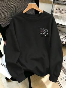 Plus-Size Women's Casual Sweatshirt With A Simple "BLA BLA BLA" Graphic Double-Sided Print, Perfect For Everyday Street Style In Autumn And Winter. - Black - View 2