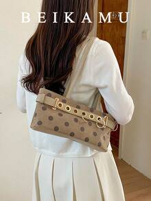 1pc Polka Dot Pattern Suede Tote Bag, Strap Metal Eyelet Decor Shoulder Bag Baguette Bag, Suitable For University, Commute, Shopping, Street Shopping, Daily Use - Khaki - View 8