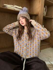 Vintage Jacquard Round Neck Knitted Button-Up Cardigan Ditsy Floral Long Sleeve Women's Open Front Sweater - Khaki - View 7