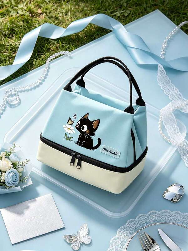 Cat Print Lunch Bag, Insulated Bag, With Black Utensil Storage Bag, Unisex Double-Layer Leak-Proof Insulated Lunch Bag/Bento Bag/Handbag, Portable Insulated Basket, Outdoor Lunch Bag. Contrast Color Design, Large Capacity Cold/Warm Insulation, Easily Fits Lunch Box, Water Bottle, Beverage. Suitable For Students, Teachers, Office Workers, Moms, Best Friends, Great Gift Choice For Graduation Season, Back To School, Teacher's Day, Birthday, Anniversary, Perfect For Mother's Day, Valentine's Day, Teacher's Day, Halloween, Christmas