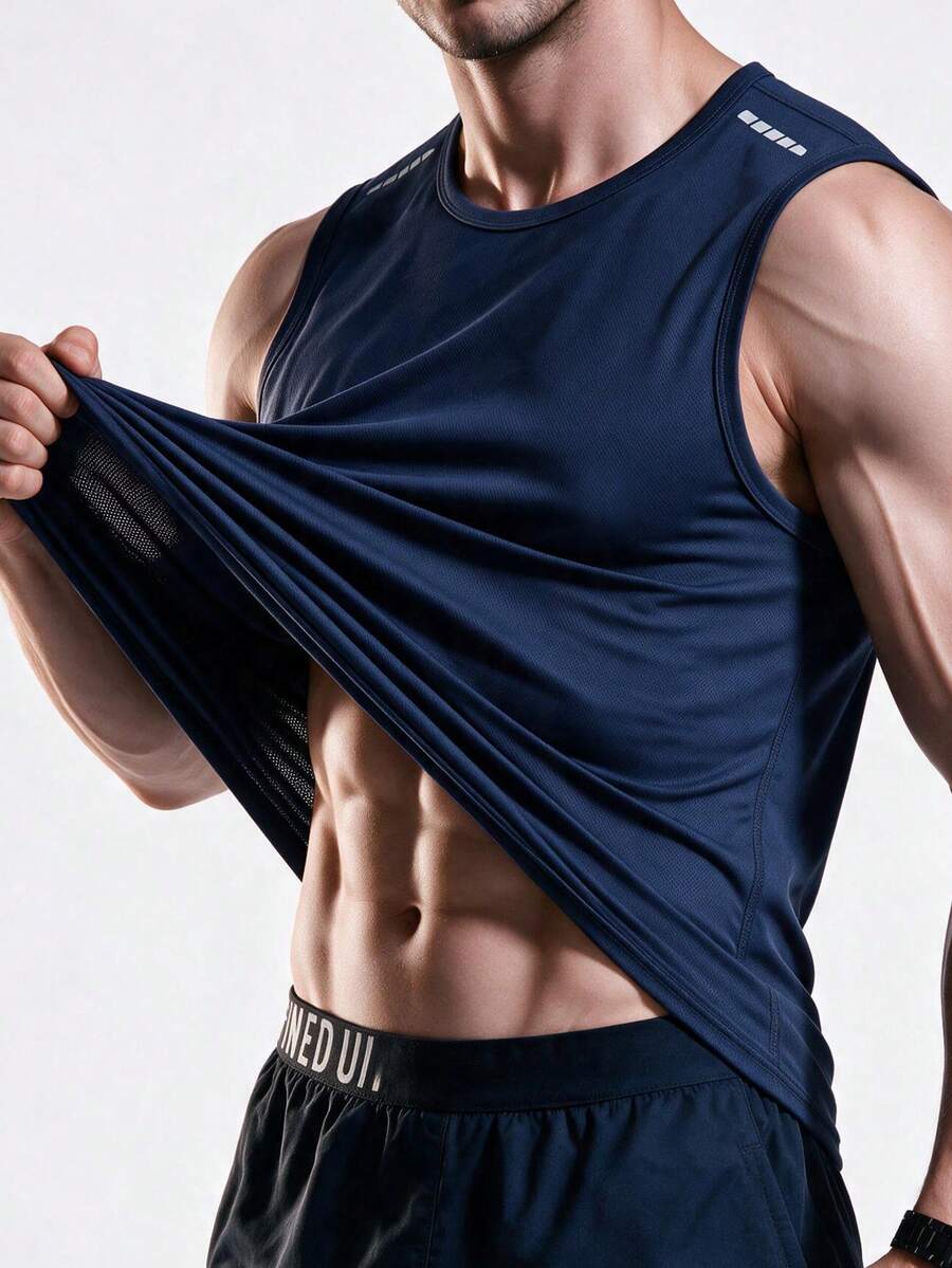 男士夏季网眼透气短袖衬衫,弹力无袖背心,适合健身、跑步、户外运动。 - 藏蓝色 - 查看 1