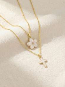 2pcs/Set Youthful Girl's Sweet Fashion Five-Leaf Flower & Cross Pendant Necklace, Suitable For Summer Beach Party, Vacation, Holiday, Date, Birthday Gift, Daily Accessory - one-size - View 10