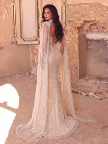 Elegant Strapless Mermaid Long Dress With Cape Sleeves, Beaded Embroidery, Slim Fit Party Wedding Fall - Champagne - View 2