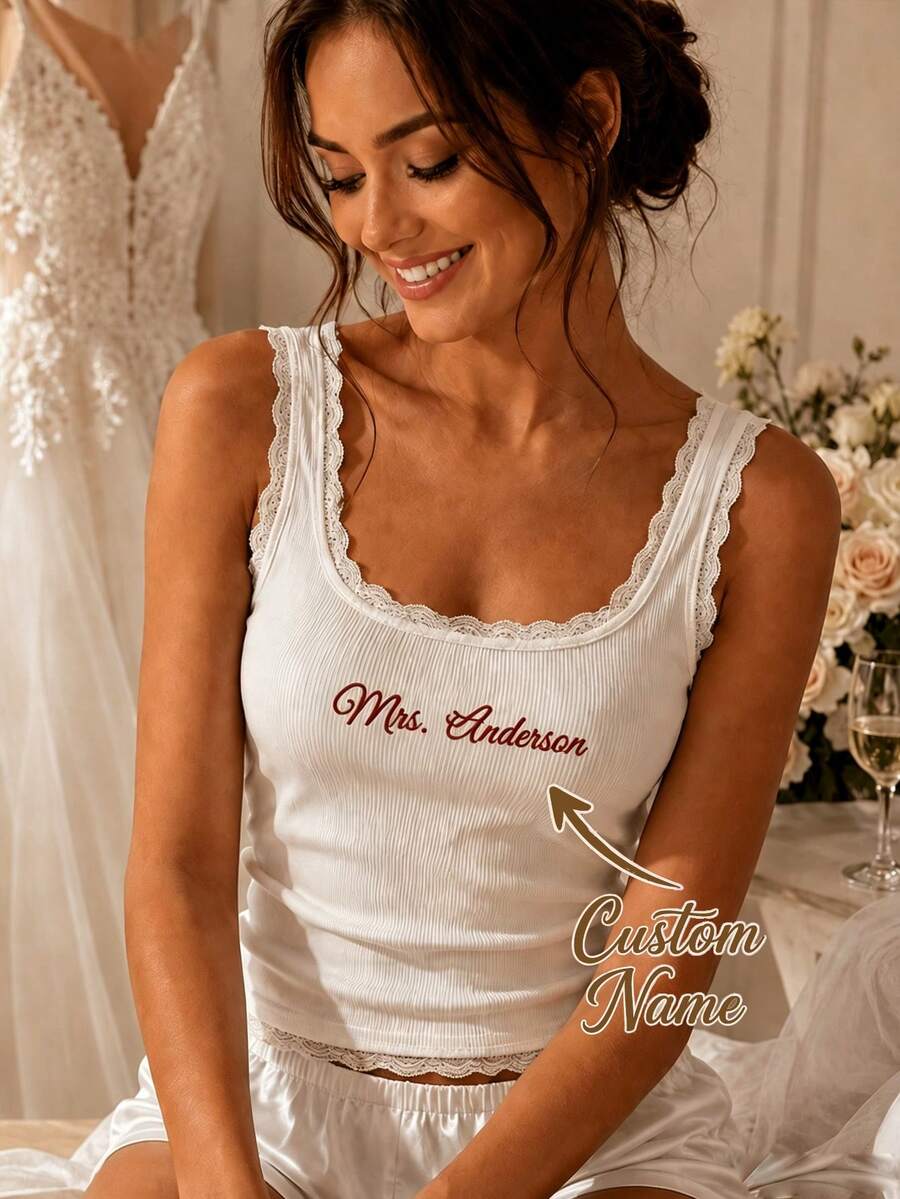 Personalized Embroidered Lace Tank Top, Custom Embroidery Modal Tank Bridal Shower Gift, Engagement Gift Bachelorette Party, New Mrs. Tank - Multicolor - View 1