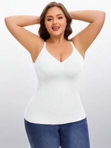 1pc Women Plus Size Solid Color Wireless Adjustable Strap Camisole Undershirt - White - View 5