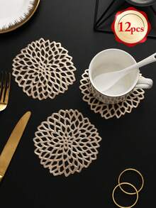6-24pcs Gold Hollow Flower Design Coasters, Modern Minimalist PVC Round Waterproof Heat-Insulating Coasters Suitable For Coffee Table, Banquet, Holiday Gathering - Multicolor - View 15