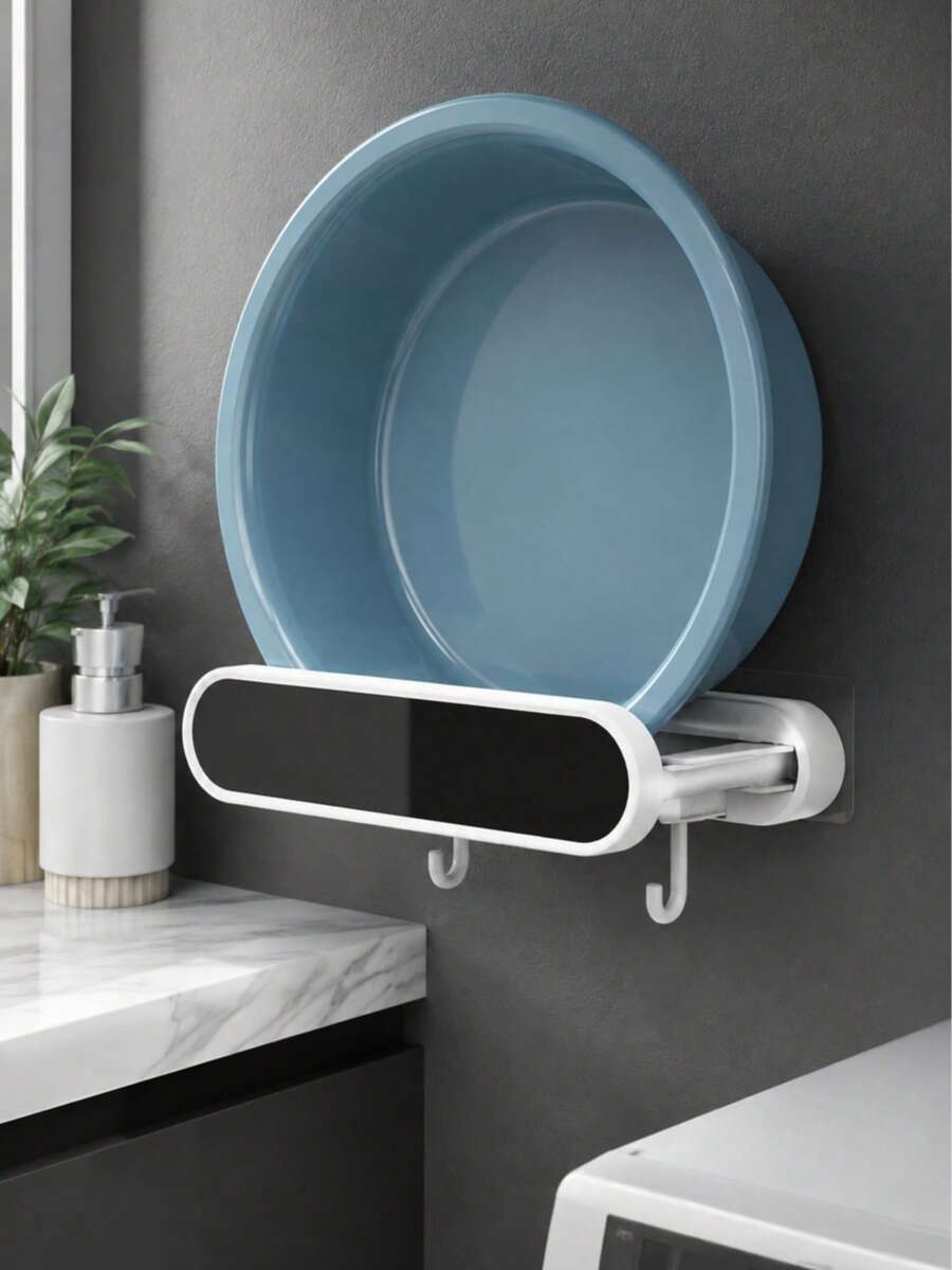 1pc Wall Mounted Wash Basin Holder, Plastic Bathroom Organizer With Adhesive Installation, No Drilling Space Saving Basin Storage Rack With Double Hooks, Washbasin Hanger For Bathroom, Laundry Room, Kitchen Organisation & Bathroom Accessories - Multicolor - View 1