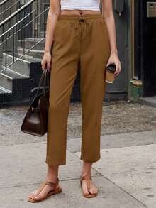 Jisfaneya Women's Solid-Color Drawstring Waist Casual Pants With Pockets Brown - Brown - View 5