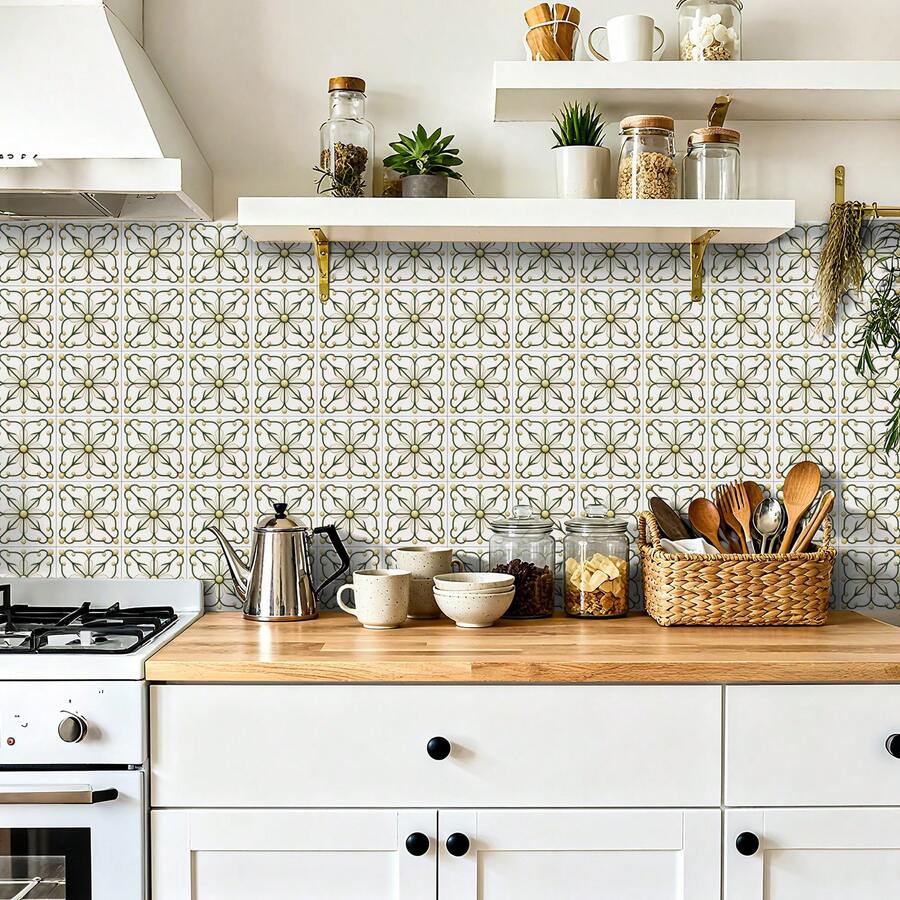 24Pcs 15x15cm Matte Green Yellow Art Nouveau Floral Tile Stickers,2D Self‑Adhesive PVC Wall Decals With Embossed Flower Pattern,Waterproof Oil‑Proof Decor For Kitchen Backsplash Bathroom Renovation - 15*15cm*24pcs - View 1