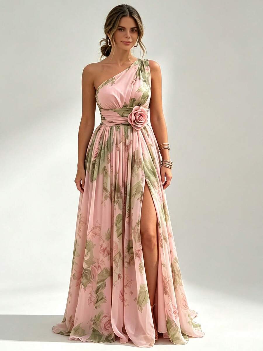 Vestido halter novedad 2026, estampado vintage, estilo francés elegante, cintura ajustada, favorecedor para la figura, tela gasa para mujer - Rosa - Ver 1