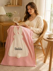 1pc Customized Name Embroidered 3D Rabbit Applique Knitted Blanket, Shaped Pattern With Pom Pom Tail And Ribbed Hem, 3 Colors Available, Suitable For Home Space, Sofa Bedroom Living Room Decorative Blanket, Ideal Holiday Gift For Family Members - Multicolor - View 6