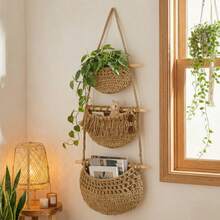 3-Tier Bohemian Style Wall-Mounted Hand-Woven Natural Rope Storage Basket, Rustic Hanging Fruit Vegetable Organizer, Space Saving Multi-Functional Macrame Decor For Kitchen Pantry Bathroom Entryway - Multicolor - View 1