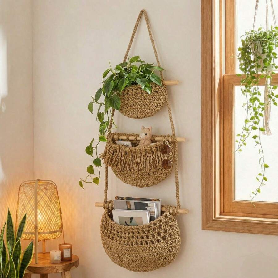 3-Tier Bohemian Style Wall-Mounted Hand-Woven Natural Rope Storage Basket, Rustic Hanging Fruit Vegetable Organizer, Space Saving Multi-Functional Macrame Decor For Kitchen Pantry Bathroom Entryway - Multicolor - View 1