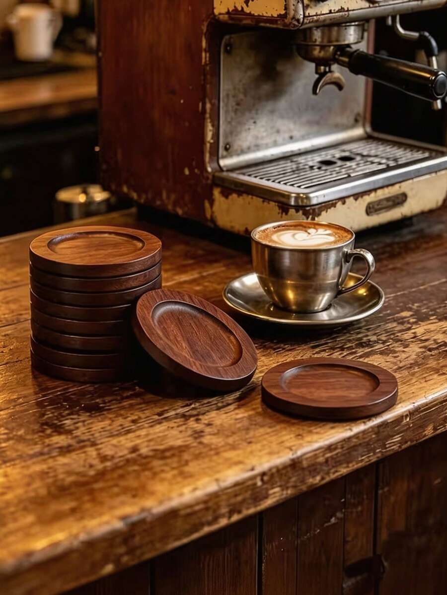 Round Vintage Walnut Solid Bamboo Tea Cup Coaster Set, Luxury Heat-Insulating Cup Holder Tray Rack, Tea Ceremony Tableware Storage Organizer, Heat-Resistant Non-Slip Kitchen Dining Table Decor, Gift For Tea Lovers And Home Decor Enthusiasts - Multicolor - View 1
