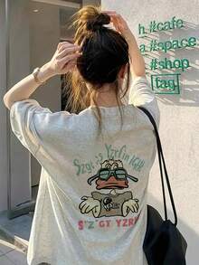 Kaos Wanita Longgar Leher Bulat dengan Gambar Kartun Bebek Lucu, Kasual untuk Musim Semi dan Musim Panas - Light Grey - View 4