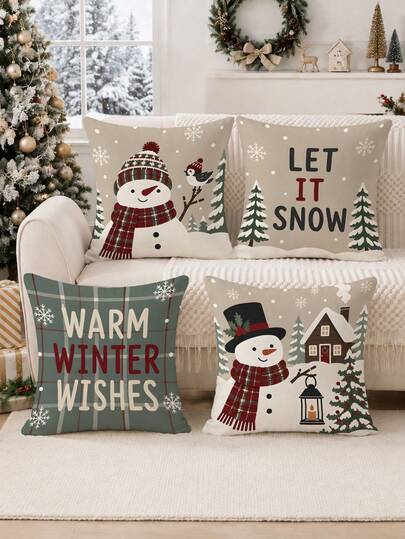 MEMNUN 4pcs Merry Christmas Gentle Khaki Cartoon Snowman Plaid Pine Tree Snowflake Print Pillow Covers 40*40cm/45*45cm/50*50cm Christmas Decor Single-Sided Printing Made Of Polyester Material Plaid Wooden House Bird Winter Christmas Theme Decorative Sofa Cushion Covers Without Pillow Inserts Room Decor, Home Decor, Bedroom Decor