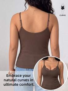 Plus Size Lace Trim V-Neck Sleep Camisole Fall Winter Essentials Lightweight Adjustable Straps Soft Lounge Sleepwear Tops - Brown - View 2