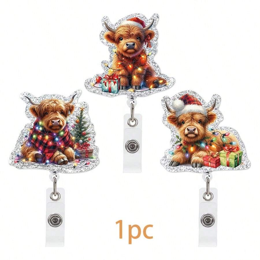1pc Christmas Cow Acrylic Retractable Badge Reel, Medical Professional Gift Scroll Retractable Clip - Multicolor - View 1