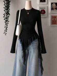 Women's Autumn/Winter Outfit, T-Shirt, Fashionable Solid Color Slim Fit Sexy Top, Autumn/Winter Layering, Suitable For Commuting, Elegant And Fashionable - Black - View 1