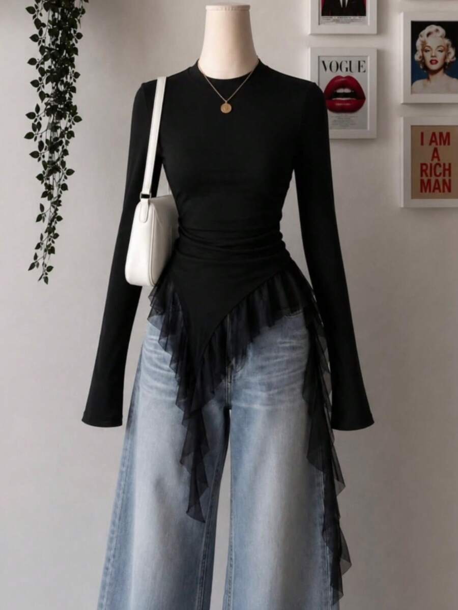 Women's Autumn/Winter Outfit, T-Shirt, Fashionable Solid Color Slim Fit Sexy Top, Autumn/Winter Layering, Suitable For Commuting, Elegant And Fashionable - Black - View 1