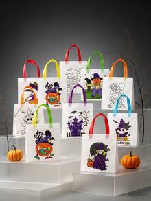 12/6/1pc Halloween DIY Gift Bags, Doodle Tote Bags, DIY Line Drawing Gift Bags With Colorful Handles, Atmosphere Decor, Photo Props, Suitable For Party Gift Packaging, Packaging Bags, Table Centerpiece Decoration, Gift Bags Included - Multicolor - View 7
