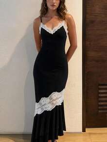 Women's Sexy Backless Lace Ruffle Patchwork Spaghetti Strap Maxi Dress, Vintage Elegant, 10cm - Black - View 7