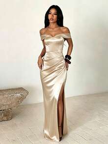 1pc Solid Color Elegant Knit Fabric High Slit To Thigh Dress For Wedding, Vacation, Autumn - Champagne - View 3