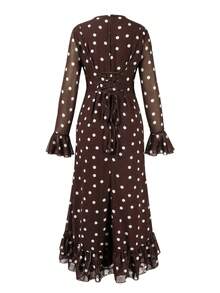Women's Elegant Long Ruffle Hem Polka Dot Dress - Brown - View 9