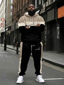 Plus Size Men's Khaki, Beige, Black Three-Section Color Block Hoodie & Sweatpants Set, Minimalist Handwritten Signature Casual 2-Piece Set - Multicolor - View 1