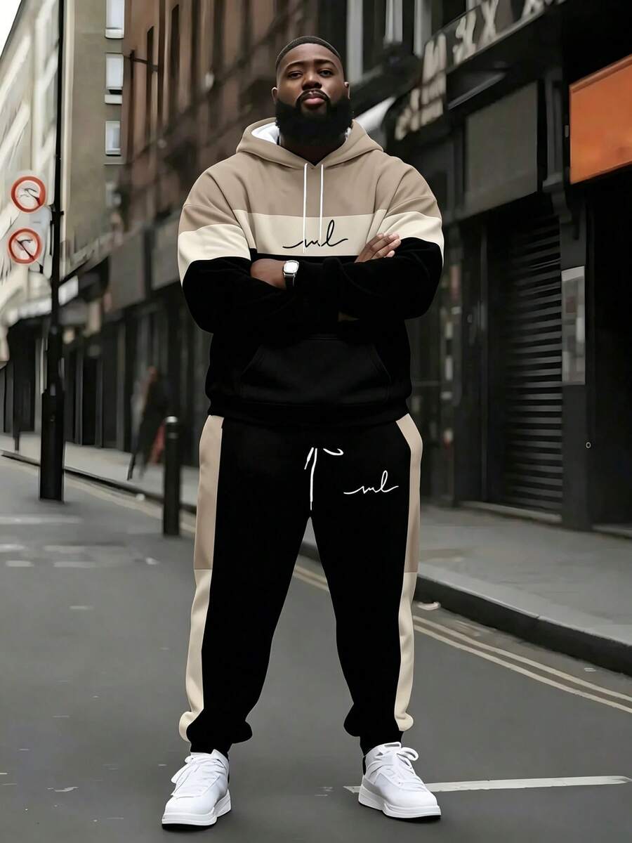 Plus Size Men's Khaki, Beige, Black Three-Section Color Block Hoodie & Sweatpants Set, Minimalist Handwritten Signature Casual 2-Piece Set - Multicolor - View 1