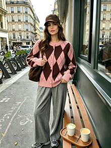 2026 Women's Autumn/Winter New Vintage Argyle Colorblock Knit Cardigan, Pink & Brown Diamond Check Round Neck Single-Breasted Sweater Jacket, Loose Slouchy Top - Multicolor - View 3