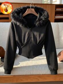 Lurzo Girls' Autumn/Winter Plush Warm Comfortable Zip-Up Hooded Jacket, Ribbed Waist Curved Hem Hooded Top, Outdoor/Back To School/Holiday - Black - View 5