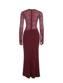 Autumn Solid Color Lace V-Neck Long Sleeve Dress Women's Elegant Dress Slit Evening Gown Party Date - Burgundy - View 8