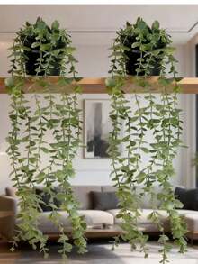 1/2pcs (2pcs With Pot/1set) Artificial Hanging Plants, Wall-Mounted Planter Decor, Suitable For Indoor, Outdoor, Living Room Shelf Decoration, Home Decor, Room Decor, Garden Decor, Wall Decor - Eucalyptus - View 5