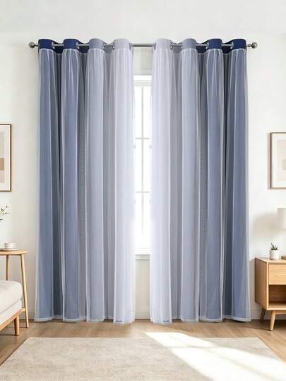2 Stück Verdunkelungsvorhänge mit Farbverlauf/Kontrastfarben-Vorhänge mit Spitzen-Transparentdesign/Für Wohnzimmer Vorhänge/Wärmedämmende Sonnenschutz-Vorhänge/100% Polyester mit Ösen/Wärmeabsorbierende Isolations-Schlafzimmer-Vorhänge Kinderzimmer/Schlafzimmer-Vorhänge/Blau und Weiß Farbverlauf-Vorhänge