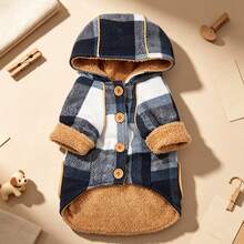 1pc Dog Coat, Plush Pocket Large Plaid Hooded Pet Jacket, Suitable For Small/Medium Dogs, Puppies, Cats, For Autumn/Winter Cold Weather Outdoor And Indoor Use - Blue - View 3