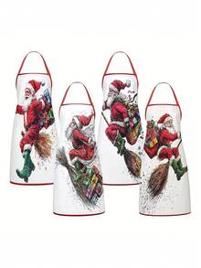 4pcs/Set Christmas Cartoon Character Print Aprons, Penguin Santa Claus Snowman Elf Patterns, Kitchen Cooking Baking Aprons, Suitable For Holiday Party Home Decor - Multicolor - View 1