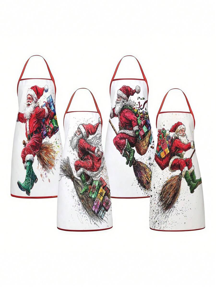 4pcs/Set Christmas Cartoon Character Print Aprons, Penguin Santa Claus Snowman Elf Patterns, Kitchen Cooking Baking Aprons, Suitable For Holiday Party Home Decor - Multicolor - View 1