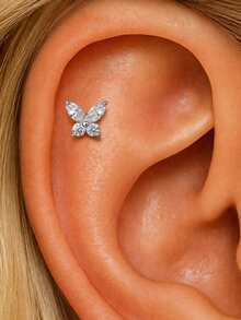 AnlaScheer 1pc Moissanite 925 Sterling Silver Marquise Leaf Flat Back Helix Cartilage Piercing Stud, Women's Engagement Wedding Bridal Jewelry - Silver - View 2