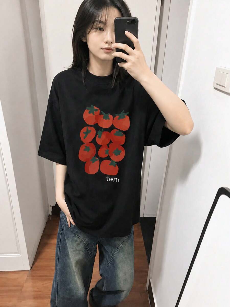 日系女式宽松休闲圆领卡通番茄水果印花短袖T恤,春夏百搭 - 高級黑 - 查看 1