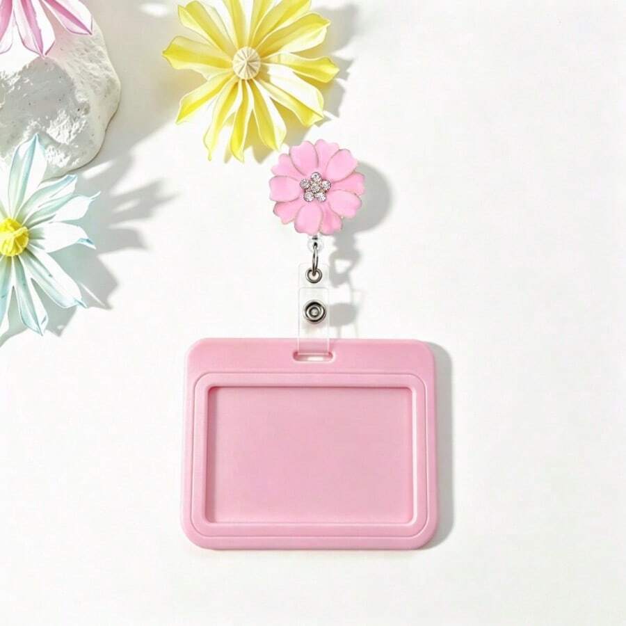 2pcs/Set Oil Wax Rhinestone Flower Badge Clip + Card Holder, Women's ID Badge Clip Work Badge Set, Retractable Nurse Badge Reel With Fixed Clip, Teacher Name Card Holder, Nurse Work Badge, ID Card Holder, Badge Protector, School, Office, Medical Office Supplies, Gift