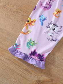 2pcs/Set Tween Girl Casual Digital Cartoon Hexagon Dinosaur Print Lapel Short Sleeve Top And Shorts Pajama Set, Flame Retardant, Ruffle Cuff And Hem Design, All Season, Tween Girl - Multicolor - View 11