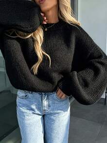 Solid Color No Decoration Round Neck Oversized Puff Sleeve Loose Short Knit Sweater, Suitable For Autumn Daily Casual Wear And Weekend Gatherings - Black - View 4