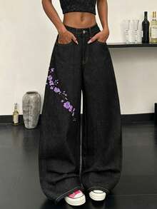 Korean Streetwear Unique Embroidered Women's Jeans Daily Commute Casual Loose Wide Leg Pants Comfortable All Season Versatile Long Pants (No Belt Or Accessories Included.) - Purple - View 3