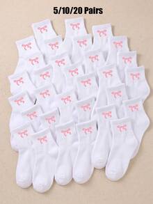 5/10/20 Pairs Baby Toddler White Crew Socks Pack, Sweet Pink Ribbon Bow Rib Knit Socks For Kids Halloween, Suitable For School Uniform Outdoor Wear - Multicolor - View 2